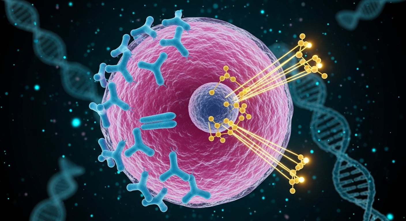 Ilustración 3D de una célula tumoral de pulmón magenta con moléculas azules que bloquean señales externas y moléculas doradas que interceptan vías internas, sobre un fondo oscuro con cadenas de ADN flotando. (Imagen Ilustrativa Infobae)