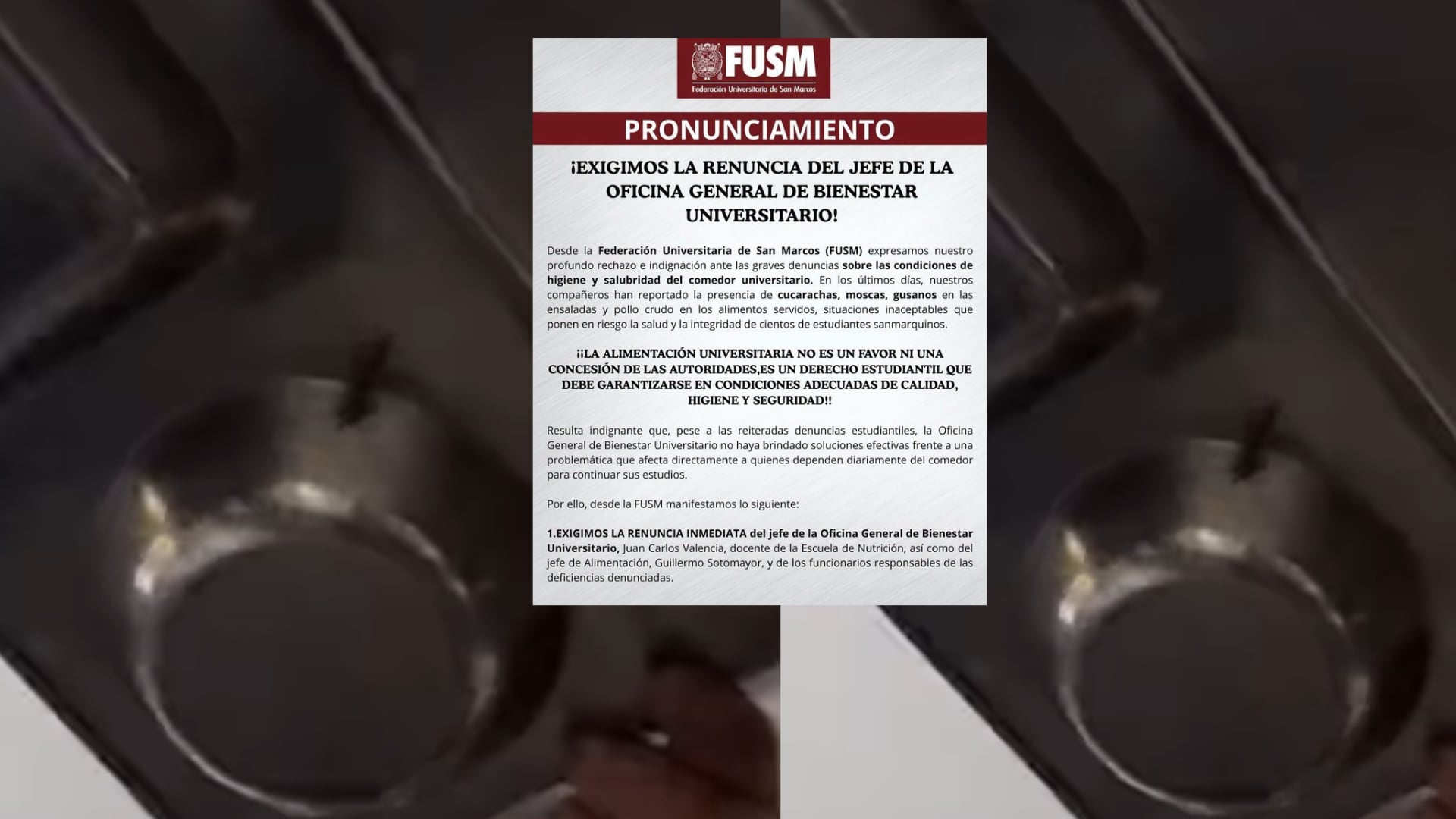 Cucarachas, gusanos y pollo crudo en el comedor de San Marcos: estudiantes denuncian fallas sanitarias y exigen la salida de dos funcionarios