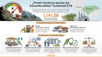 Infografía con datos sobre el precio del diésel en Honduras, mapas de Guatemala y Honduras, e ilustraciones sobre biocombustibles.