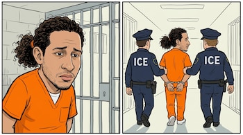 Ilustración de dos paneles. A la izquierda, un hombre en uniforme naranja en una celda. A la derecha, el mismo hombre esposado, escoltado por dos oficiales de ICE.