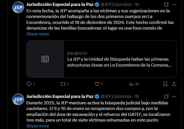 De igual manera recordaron en su publicación que el 18 de diciembre marca el aniversario del hallazgo inicial en La Escombrera. Los primeros dos cuerpos fueron restituidos a sus familias en enero - crédito @JEP_Colombia
