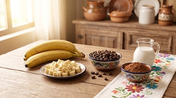 Plátanos enteros y picados, granos de café, cacao en polvo y una jarra de leche sobre una mesa de madera con un camino bordado.
