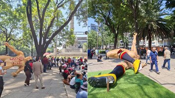 Así quedaron las estatuas derribadas por integrantes de la CNTE en Paseo de la Reforma. (Crédito: Víctor Cisneros/Infobae México)