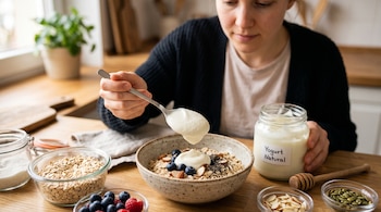 Una persona sirve yogur de un frasco a un tazón con avena y frutos rojos en una mesa de madera con frascos de semillas y cereales.