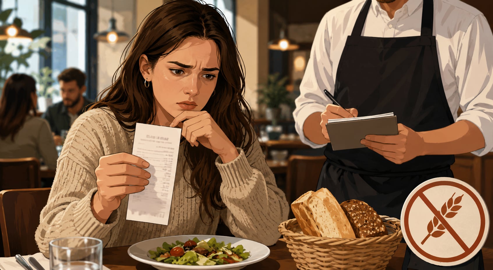 Una clienta revisa el ticket de su consumo en una escena que ilustra el caso viral que desató un debate sobre el trato hacia las personas con celiaquía (Imagen ilustrativa Infobae)
