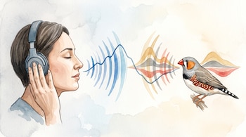 Ilustración en acuarela de una persona de perfil con auriculares frente a un pinzón cebra, unidos por líneas y bandas de colores.