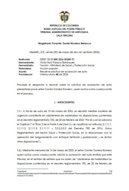 La decisión, adoptada por la Sala Tercera del Tribunal Administrativo de Antioquia, mantiene la suspensión de los traslados masivos de usuarios entre entidades promotoras de salud (EPS) - crédito Tribunal Administrativo de Antioquia
