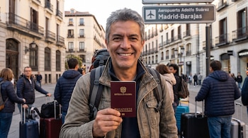Un hombre sonriente con mochila sostiene un pasaporte colombiano frente a edificios antiguos y un cartel de aeropuerto, con personas y maletas en segundo plano.