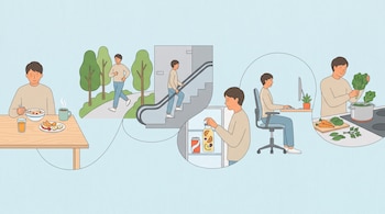Ilustración de un hombre en seis viñetas: desayuno con frutas, corriendo, subiendo escaleras, seleccionando bebida de frutas, trabajando con postura recta, cocinando verduras.