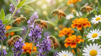 Seis abejas Megalopta genalis, flores de lavanda moradas, caléndulas naranjas y margaritas blancas en un jardín