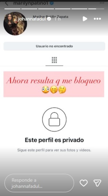 Johanna Fadul confirmó que, producto del cruce de declaraciones, Marilyn Patiño la bloqueó de sus contactos en redes sociales - crédito @johannafadul/Instagram