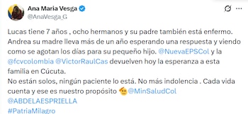 La ministra de Salud, Ana María Vesga, activó los protocolos y solicitó colaboración para localizar a la familia de Lucas y agilizar la gestión - crédito @AnaVesga_G / X