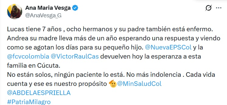 La ministra de Salud, Ana María Vesga, activó los protocolos y solicitó colaboración para localizar a la familia de Lucas y agilizar la gestión - crédito @AnaVesga_G / X
