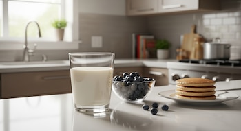 Un vaso de leche de soja, un bol de arándanos frescos y una pila de tortitas en una encimera blanca de cocina. Al fondo, una cocina moderna iluminada con luz natural.