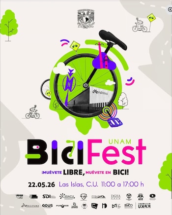 Cartel gráfico promocional para el BiciFest UNAM 2026 con una bicicleta estilizada en tonos verdes, púrpuras y negros, con el logo de la UNAM y detalles del evento