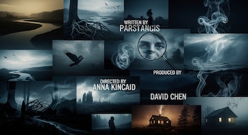 Collage de escenas sombrías: río, árbol con raíces, cuervos volando, ojos con lupa, humo, mar, bosque, casas y nombres de creadores.