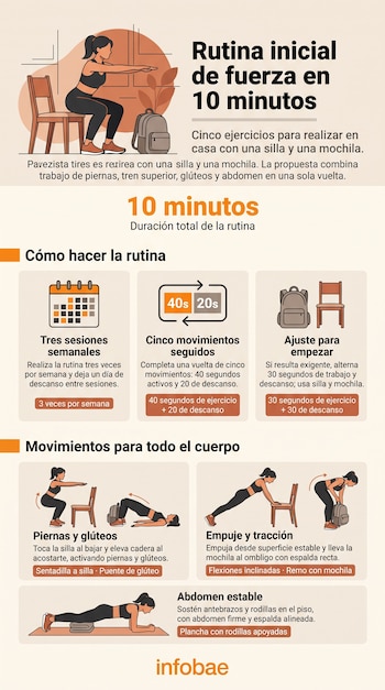 Infografía con dibujos de una mujer que practica ejercicios físicos con una silla y una mochila, además de cronogramas y textos explicativos.