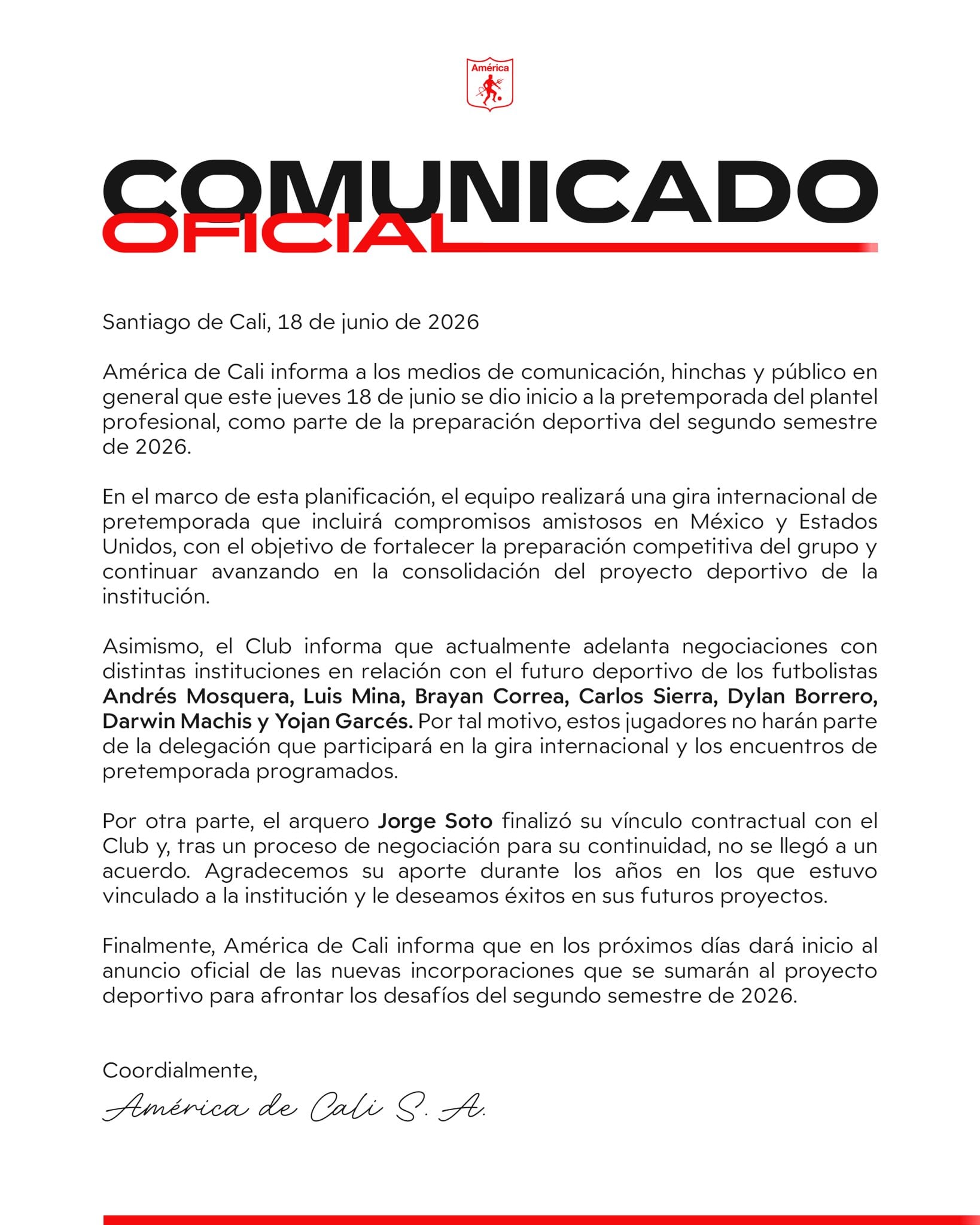 El cuadro rojo confirmó la salida de 7 jugadores para el segundo semestre de 2026-crédito @AmericadeCali/X