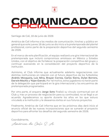 El cuadro rojo confirmó la salida de 7 jugadores para el segundo semestre de 2026-crédito @AmericadeCali/X