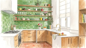 Cocina con azulejos verdes, estantes de madera, campana extractora, cocina a gas, horno, gabinetes, lavabo, grifo dorado, ventana, persiana y piso de baldosas.