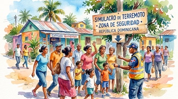 Acuarela de varias personas junto a un socorrista y un letrero de zona de seguridad ante un poblado con el Colmado Quisqueya.