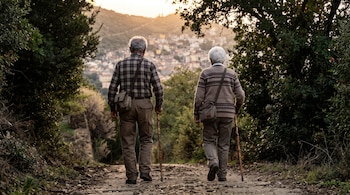 Dos personas de espaldas caminan con bastones por un camino de tierra entre árboles hacia un pueblo en la colina.