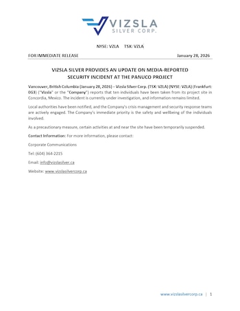 Comunicado de la minera Vizsla