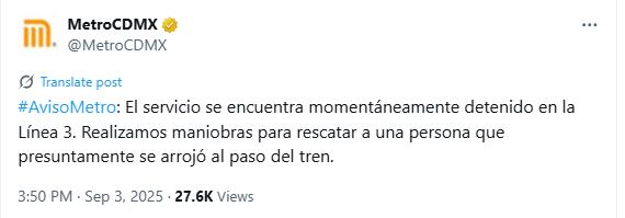 La Línea 3 del Metro de la CDMX suspendió momentáneamente su servicio la tarde de este miércoles 3 de septiembre. Foto: X/@MetroCDMX.