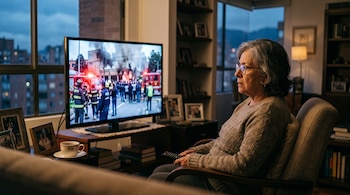 Una mujer con anteojos sostiene un control remoto y mira un televisor que transmite a bomberos frente a un edificio incendiado.