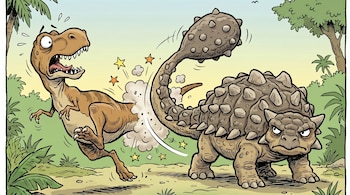 Ilustración de un Tyrannosaurus rex marrón, con expresión de miedo y boca abierta, siendo golpeado por la cola espinosa de un Ankylosaurus gris en un entorno selvático.