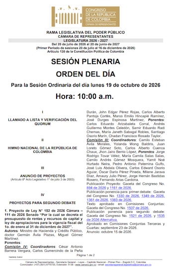 El Presupuesto será debatido en ambas corporaciones el lunes 19 de octubre - crédito Cámara de Representantes