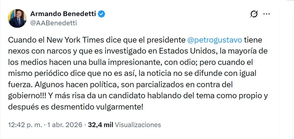 Armando Benedetti aseguró que la información sobre Petro fue difundida con sesgo - crédito @AABenedetti/X