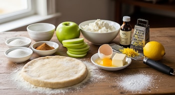 Ingredientes de repostería en una mesa de madera: masa de tarta, manzanas verdes en rodajas, ricota, azúcar, canela, huevo, manteca, ralladura de limón y vainilla.