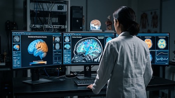 Una persona con bata blanca observa tres monitores que exhiben escáneres cerebrales coloridos dentro de una sala oscura.