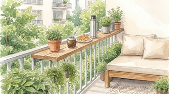 Pintura en acuarela de un balcón urbano con plantas, sofá beige, y sobre una mesa de madera, un mate, medialunas y un termo, con edificios al fondo.