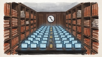 Ilustración de sala de archivos con estanterías, carpetas y contratos. Mesa con cuarenta y cinco pantallas, íconos de datos y un reloj de pared.