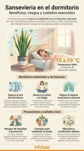 Infografía detallada sobre la planta Sansevieria, con una planta junto a una cama, mostrando sus beneficios, riesgos de toxicidad y consejos de cuidado.