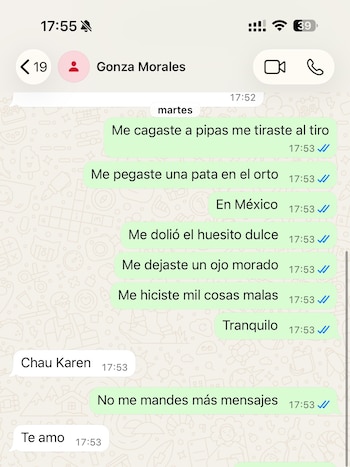 En los chats difundidos por la mujer, el jugador le respondió con pocas palabras tras los reproches de ella por los golpes recibidos