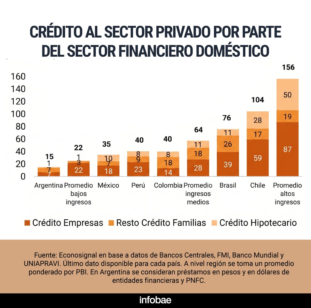 Este gráfico compara el crédito al sector privado por parte del sector financiero doméstico en Argentina, México, Perú, Colombia, Brasil, Chile y distintos promedios de ingreso, detallando su composición como porcentaje del PBI. (Infobae en base a datos de Deloitte)