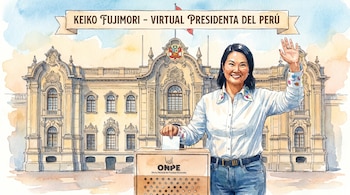 Ilustración acuarela de Keiko Fujimori sonriente y depositando un voto en una urna. Al fondo, el Palacio de Gobierno de Perú. Hay una banderola superior.