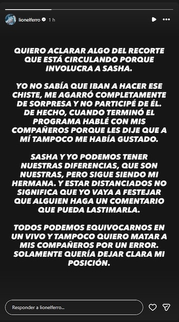 Texto con letras blancas sobre fondo negro publicado en la cuenta de Instagram de Lionel Ferro