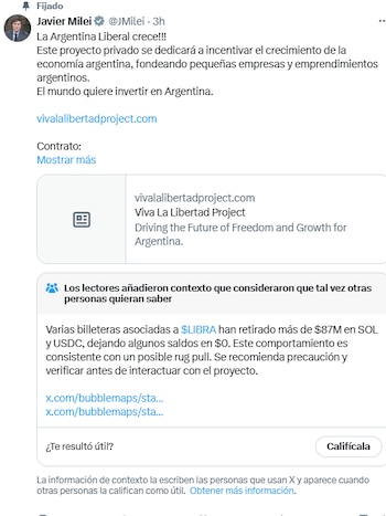 Tuit del presidente Javier Milei