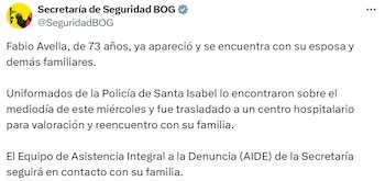 La Secretaría de Seguridad confirmó el hallazgo y detalló el traslado a un centro hospitalario para valoración. - crédito @SeguridadBOG/X