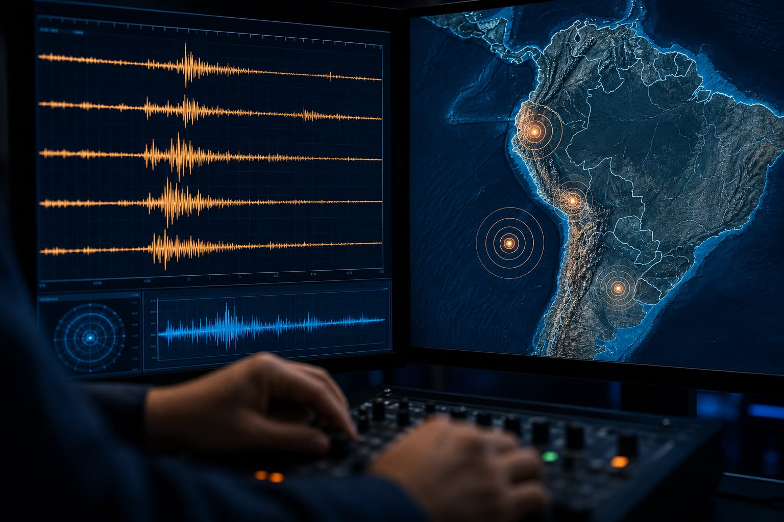 Un especialista analiza ondas sísmicas y epicentros de Sudamérica en un sistema digital de monitoreo continuo. (Imagen Ilustrativa Infobae)