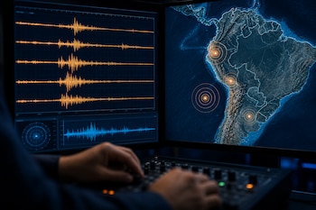 Pantallas con gráficos de ondas sísmicas y un mapa de Sudamérica con círculos concéntricos, frente a un teclado técnico.