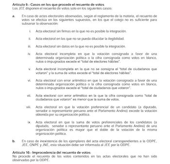 Primer plano de un documento oficial que presenta el Artículo 9 y 10 sobre los casos de recuento de votos del JNE en letra negra sobre fondo blanco