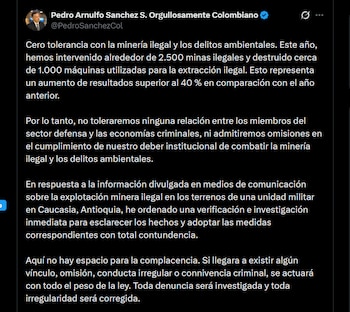 El ministro de Defensa, Pedro Arnulfo Sánchez, reportó un aumento del 40% en intervenciones contra la minería ilegal y destrucción de máquinas este año - crédito X