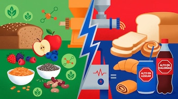 Ilustración plana. Izquierda: pan integral, frutas, legumbres. Derecha: pan blanco, dulces, bebidas azucaradas con advertencias. Un rayo central divide ambos lados.