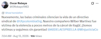 El presidente nacional de la Unión de Trabajadores Penitenciarios (UTP), Óscar Robayo exigió protección para los funcionarios del sector - crédito @ORobayo1983 / X