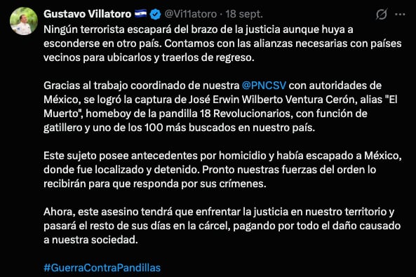 El ministro de Seguridad de El Salvador, Gustavo Villatoro, se pronunció sobre la captura en sus redes sociales. (X/Twitter Gustavo Villatoro)